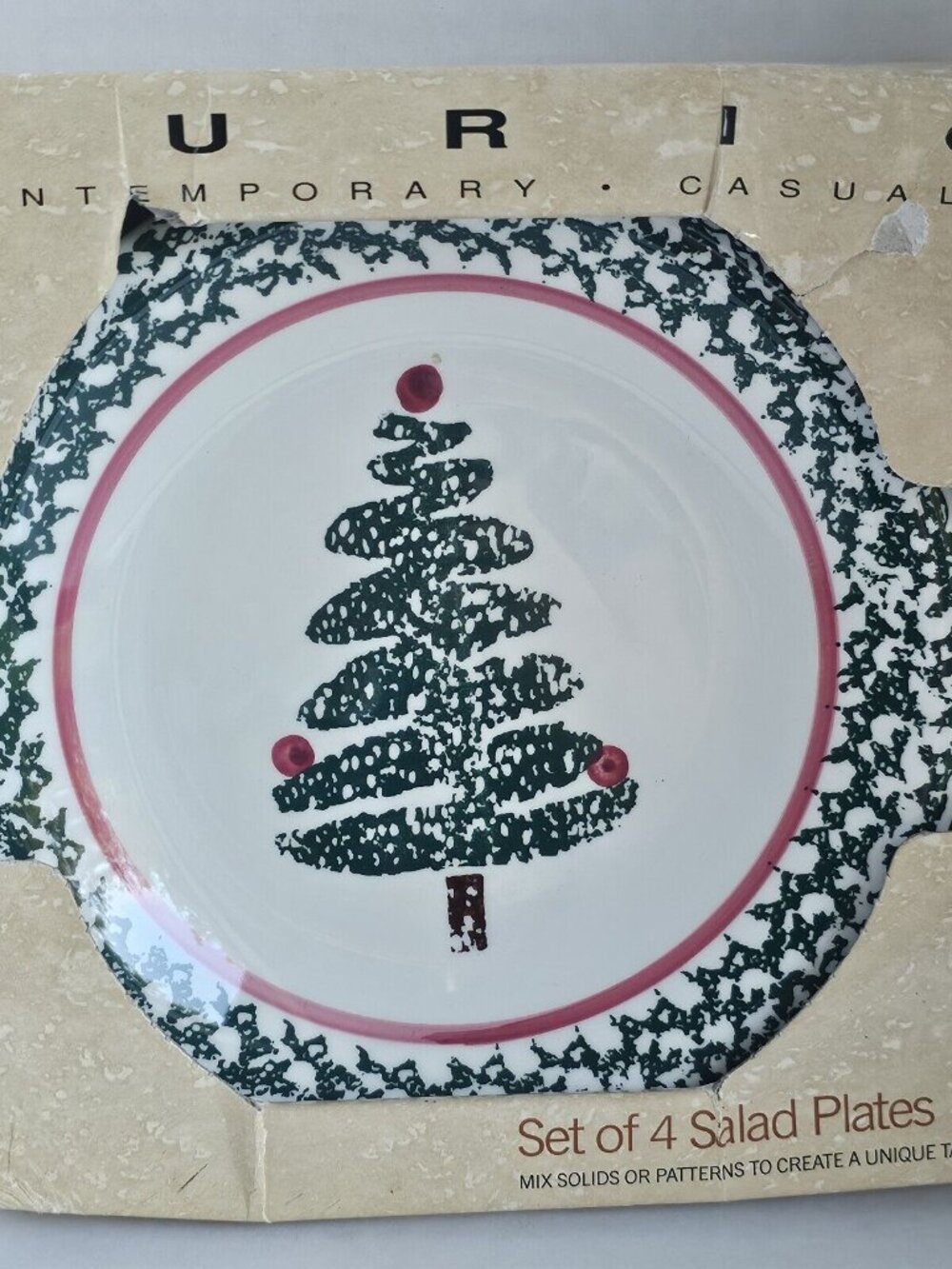 Furio Holiday Christmas Tree Dessert Salad Plates 8" Italy sponge painted handpa - Picture 10 of 14